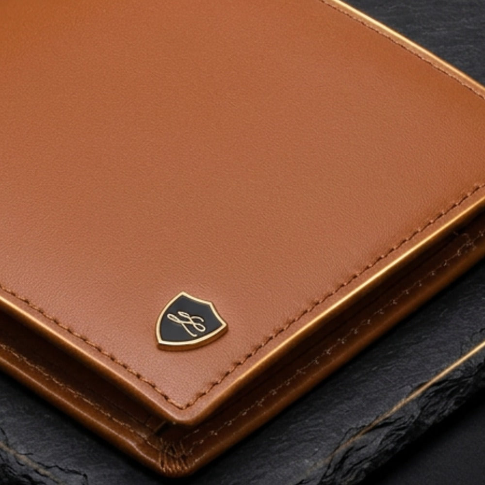 Close-up of the LIVLOKO London tan genuine leather RFID wallet showing the LIVLOKO shield badge