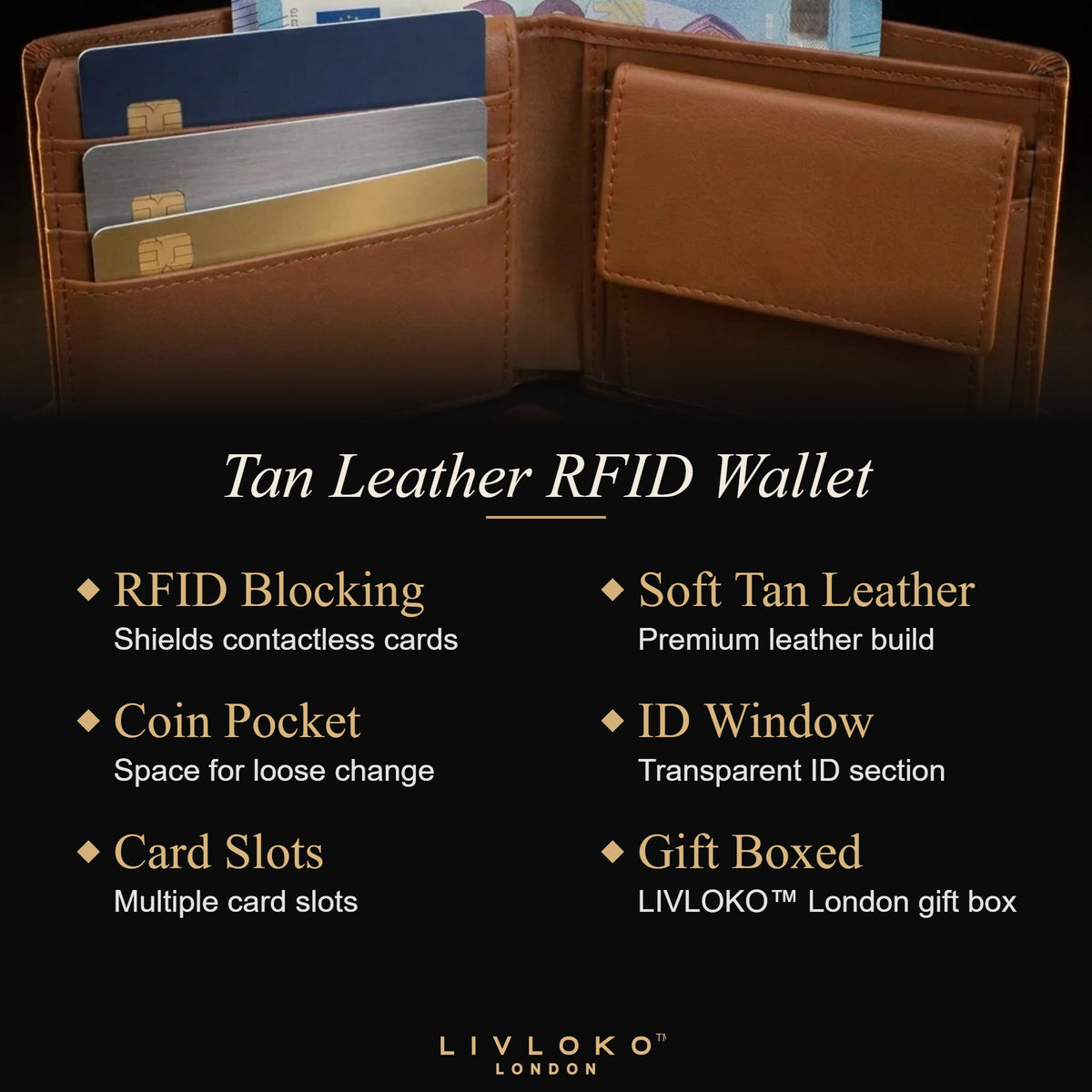 Tan Leather RFID Wallet key features