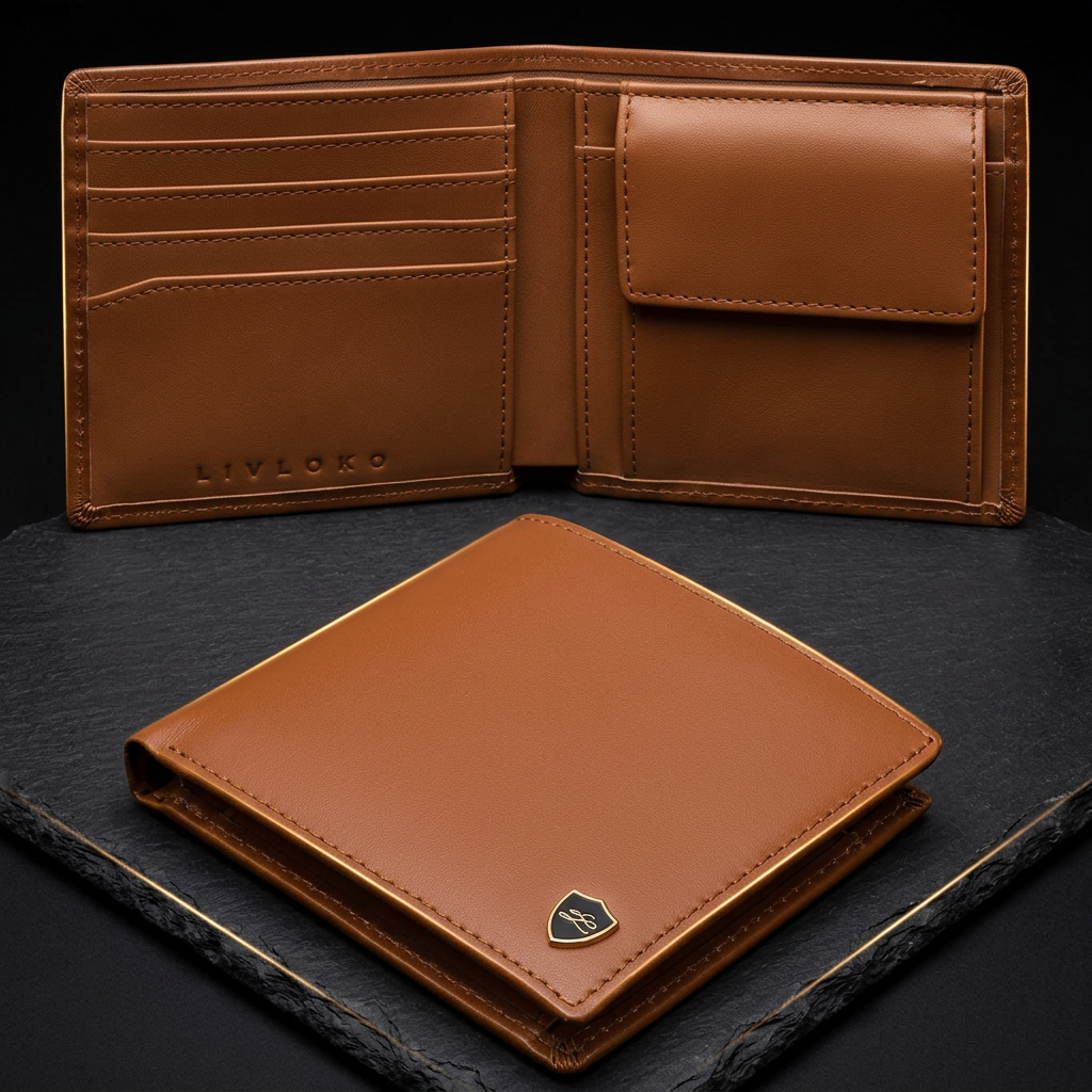 LIVLOKO London men's tan leather RFID bifold wallet with coin pocket, shown open and closed on dark slate