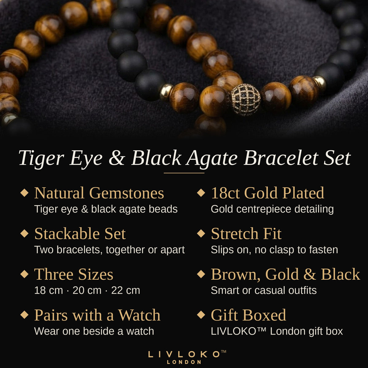 Features of the men's tiger eye and black agate bracelet set: natural gemstones, 18ct gold plated, stretch fit, gift boxed