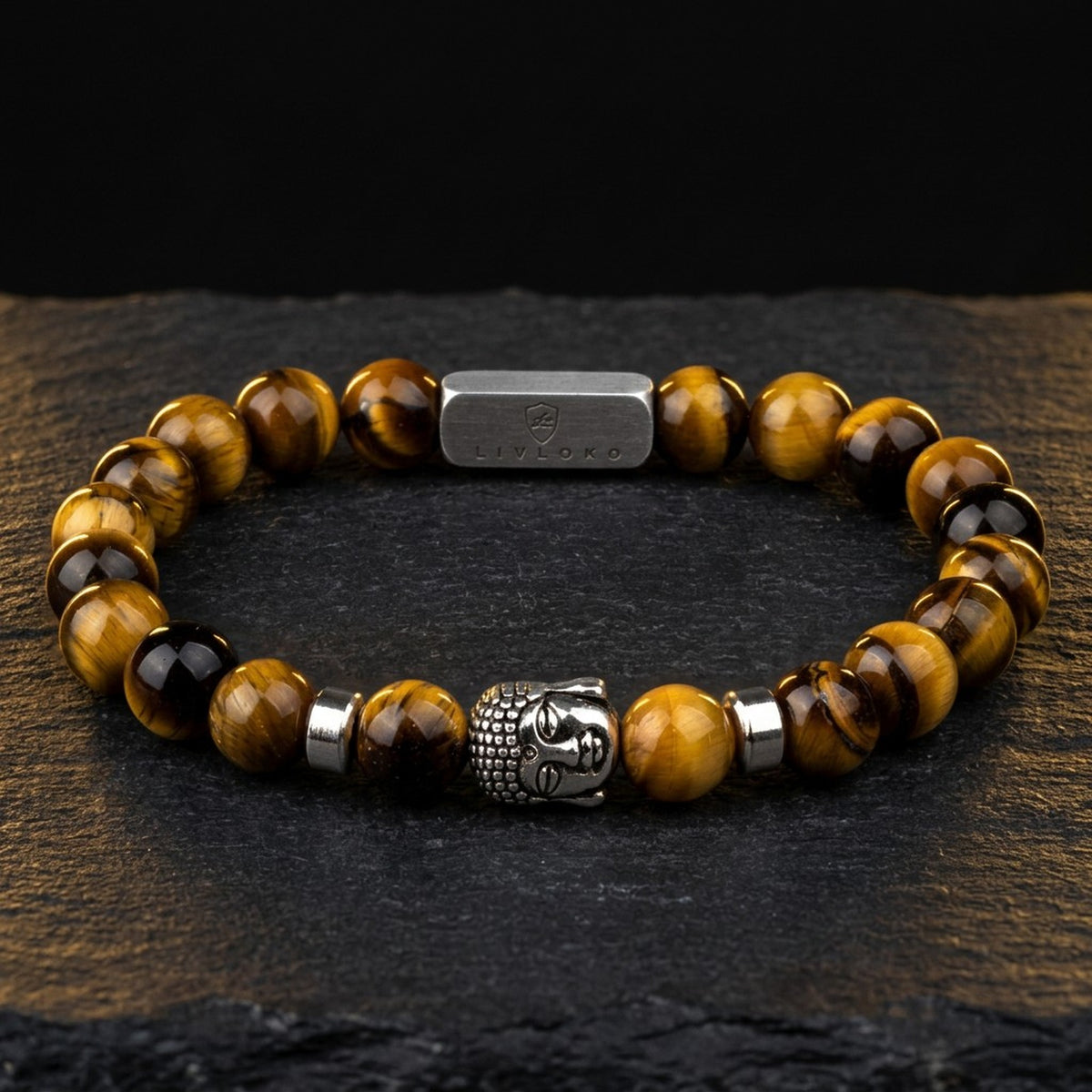 Men's tiger eye bracelet with Buddha charm, stretch fit beaded bracelet by LIVLOKO London