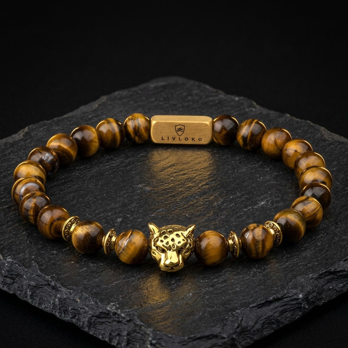 Men's tiger eye beaded bracelet with gold leopard charm, natural stone stretch bracelet by LIVLOKO London