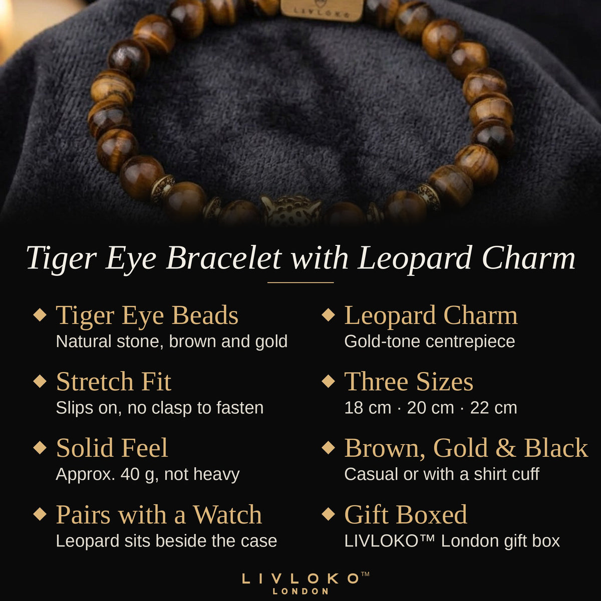 Features of the men's tiger eye bead bracelet with leopard charm: natural stone, stretch fit, 18cm 20cm 22cm, gift boxed