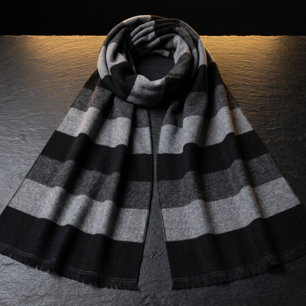 LIVLOKO London men's black and grey striped wool scarf on dark slate