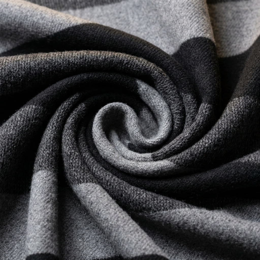 Close-up of the soft woven wool on the LIVLOKO London black and grey striped scarf