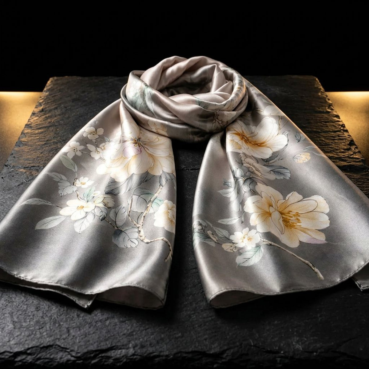 Midnight Blossom grey floral silk scarf for women in 12 momme mulberry silk, laid on dark slate