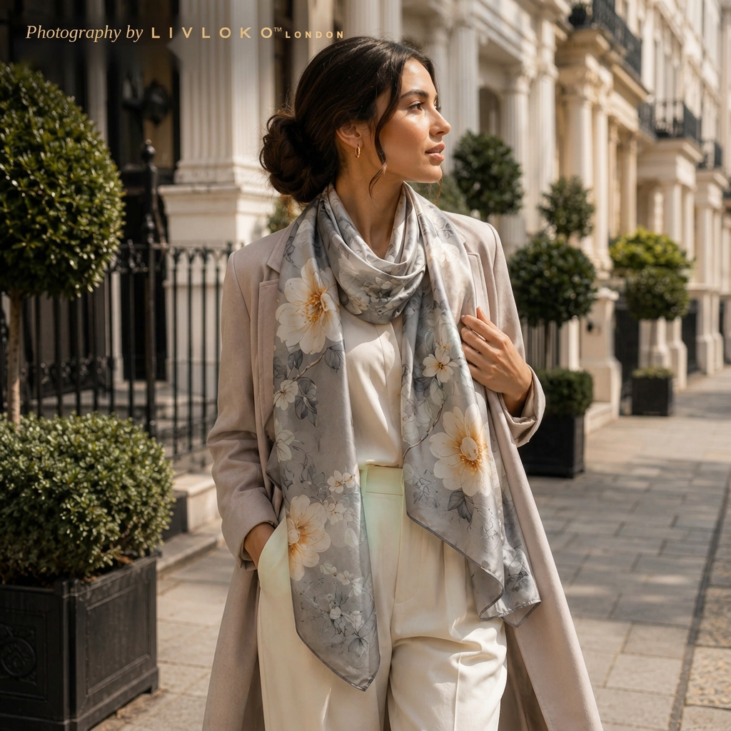Woman wearing the LIVLOKO London Midnight Blossom grey floral mulberry silk scarf in London