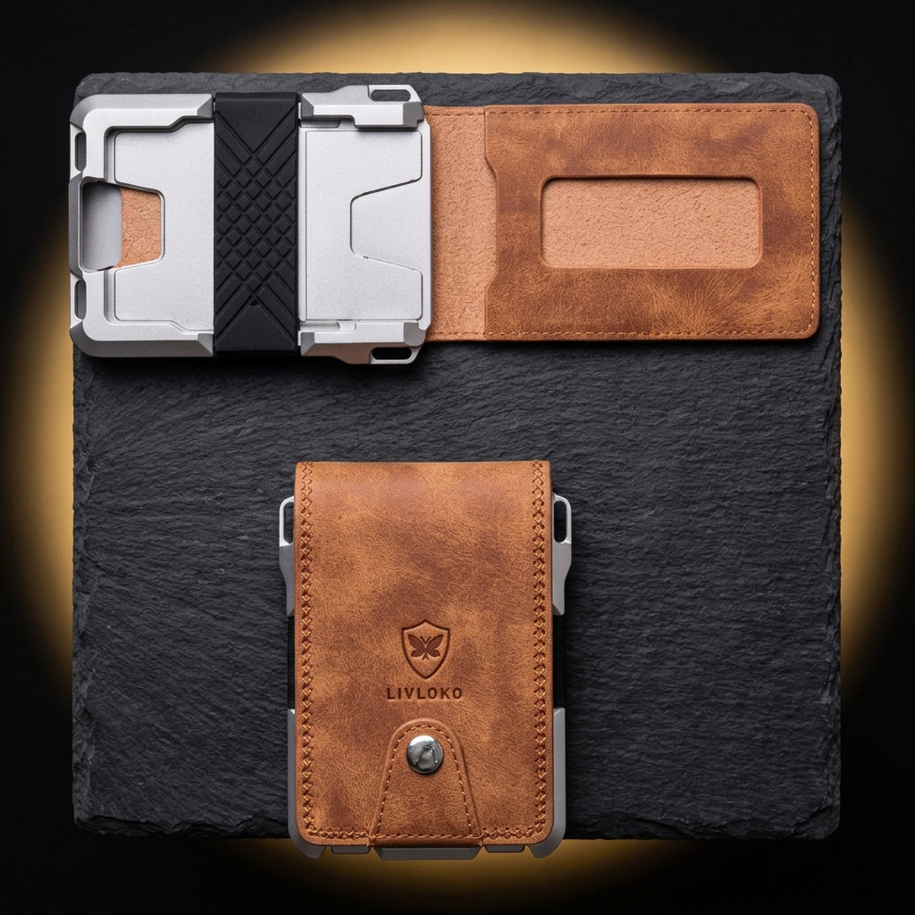LIVLOKO London brown vegan leather metal card holder, tactical minimalist wallet shown open and closed on dark slate