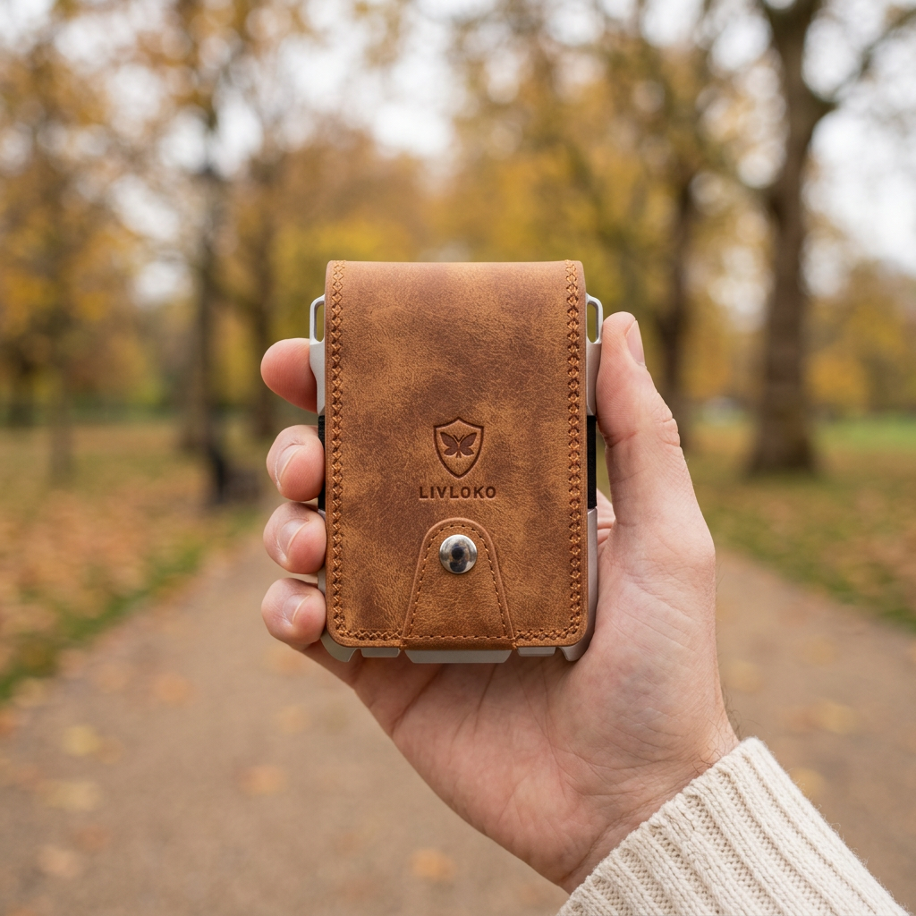 Man holding the LIVLOKO London brown vegan leather metal card holder wallet, London park