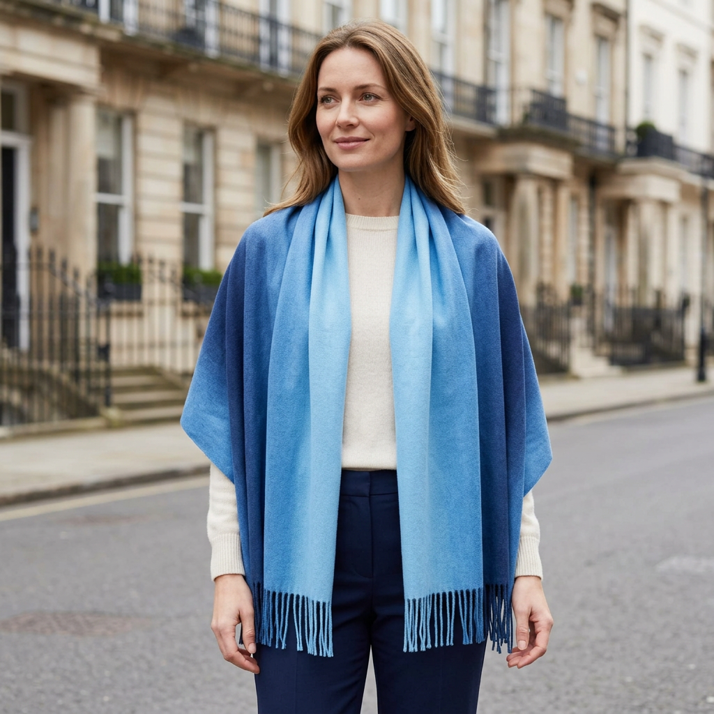 Woman wearing the navy and baby blue pashmina shawl over her shoulders on a London street