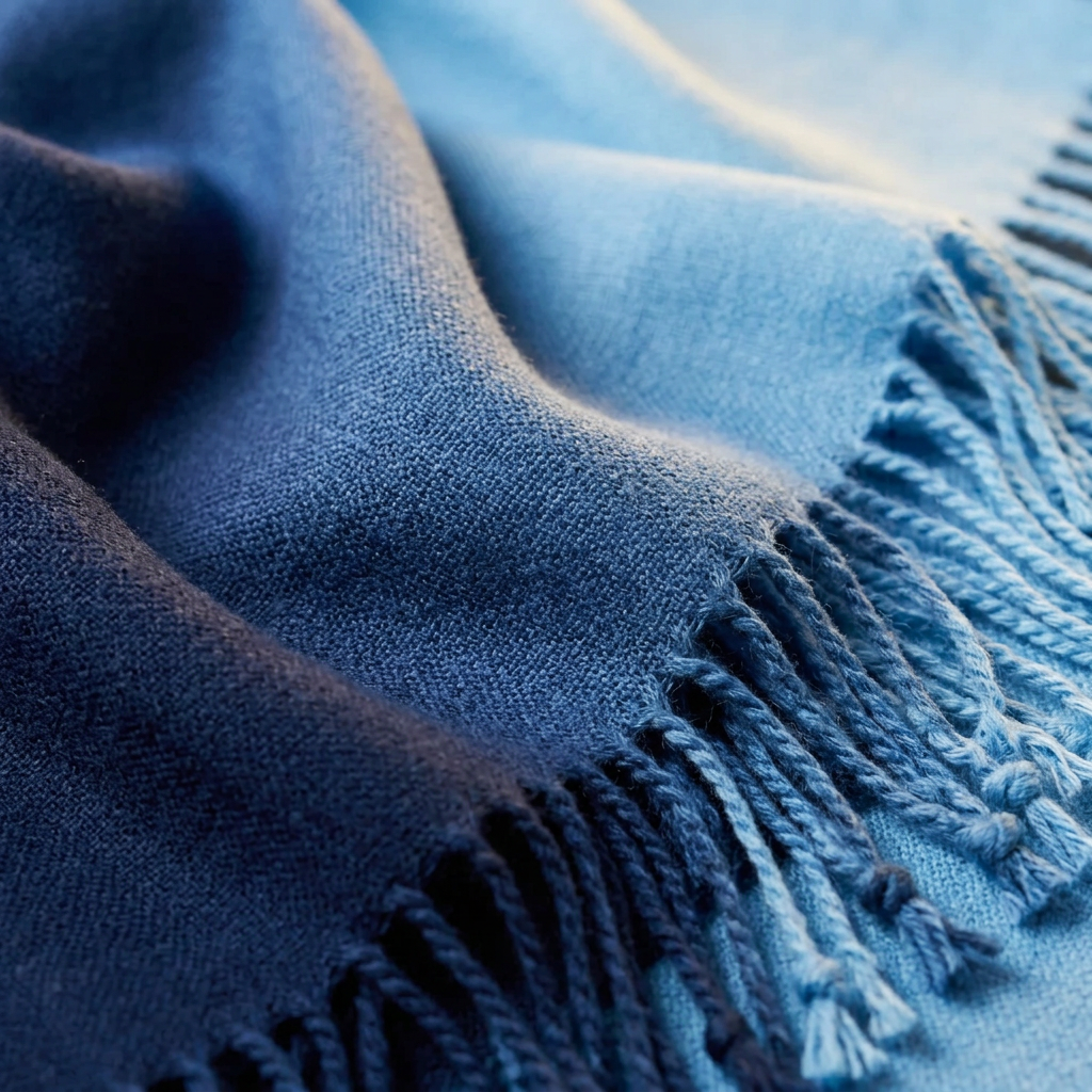 Close-up of the Livloko London navy and baby blue pashmina shawl showing the woven fabric and tassel fringe
