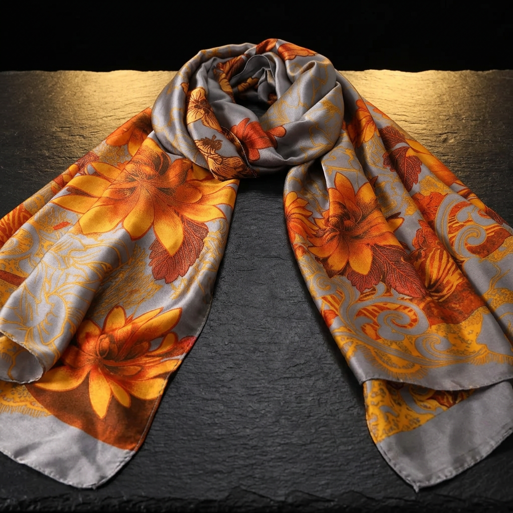 Orange and silver floral satin scarf for women, laid flat on dark slate