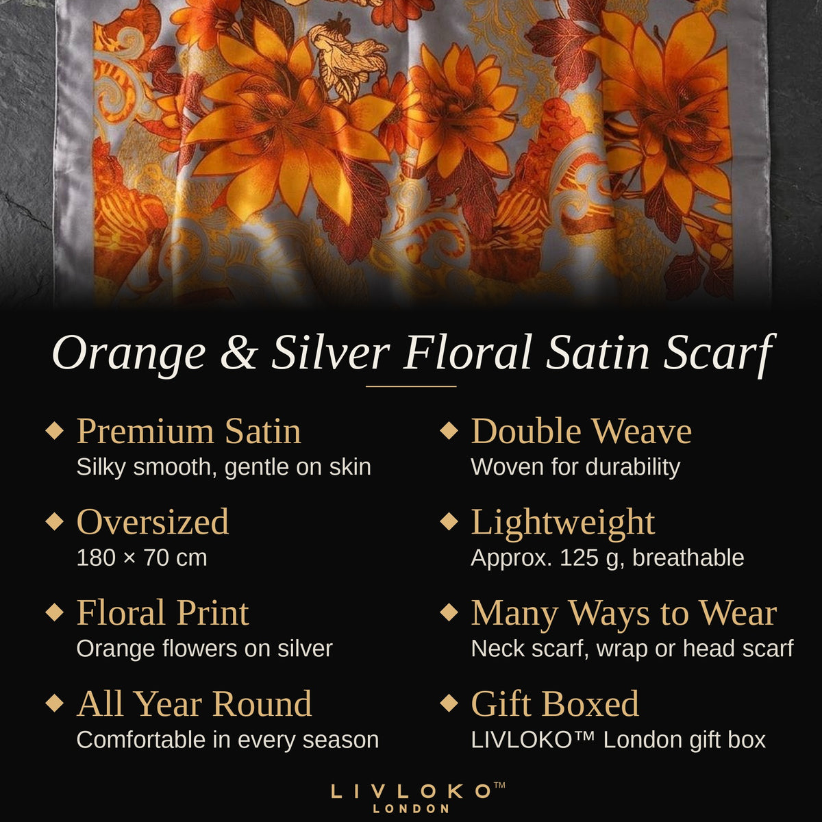 Key features of the orange and silver floral satin scarf: premium satin, double weave, 180 × 70 cm, gift boxed