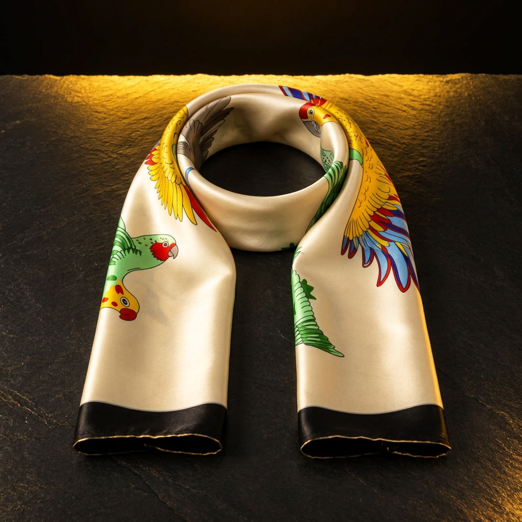 Parrot print satin scarf for women in cream with a black border, laid flat on dark slate