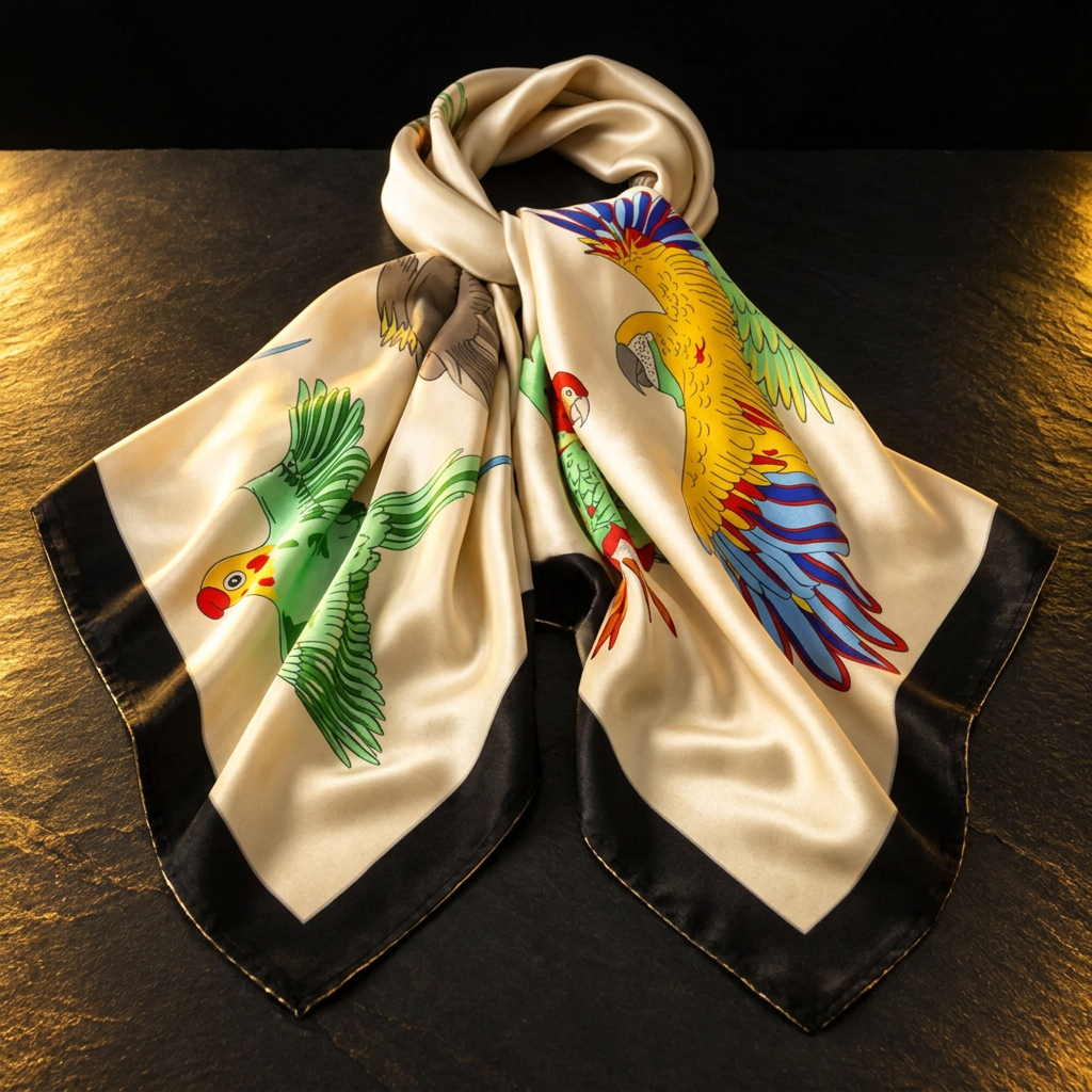 Parrot print satin scarf for women in cream with a black border, laid flat on dark slate