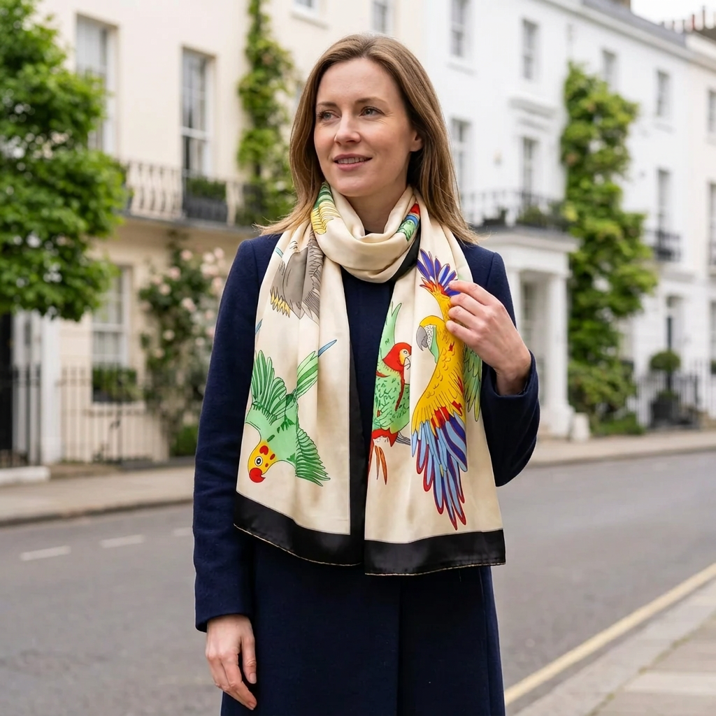 Woman wearing the LIVLOKO London parrot print satin scarf in London
