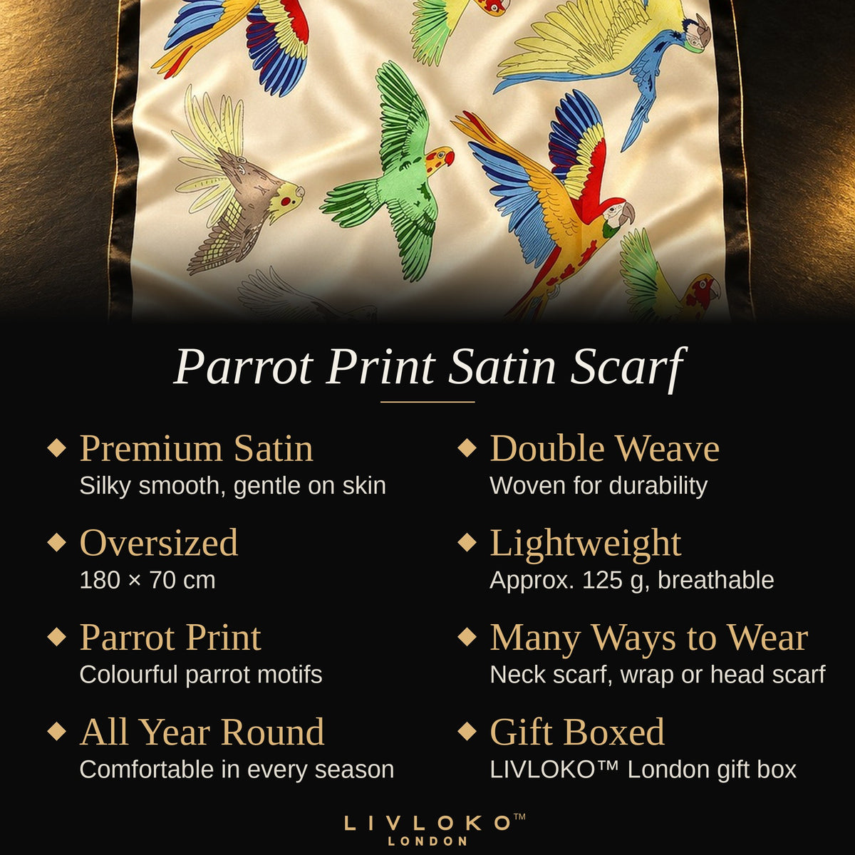 Key features of the parrot print satin scarf