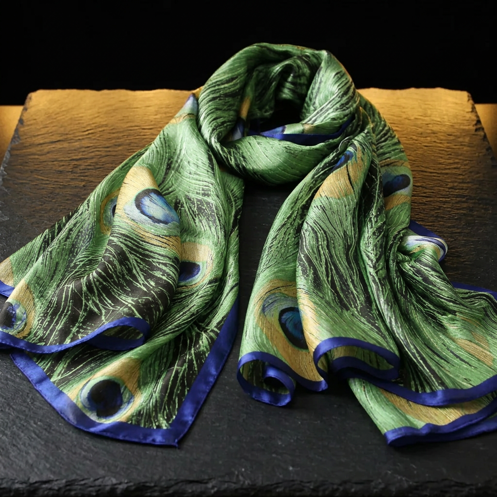 Peacock feather green satin scarf for women with a royal blue border, laid flat on dark slate