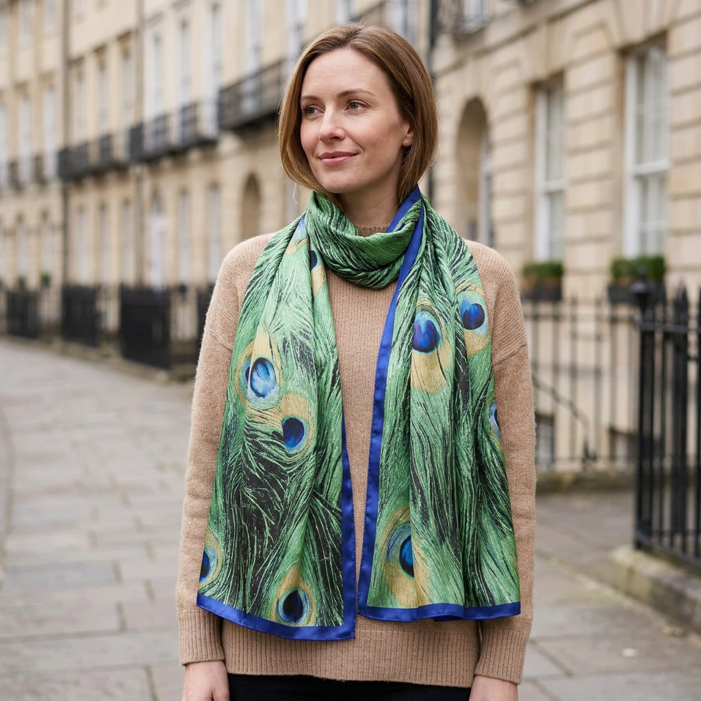 Woman wearing the peacock feather green satin scarf long at the neck on a London street