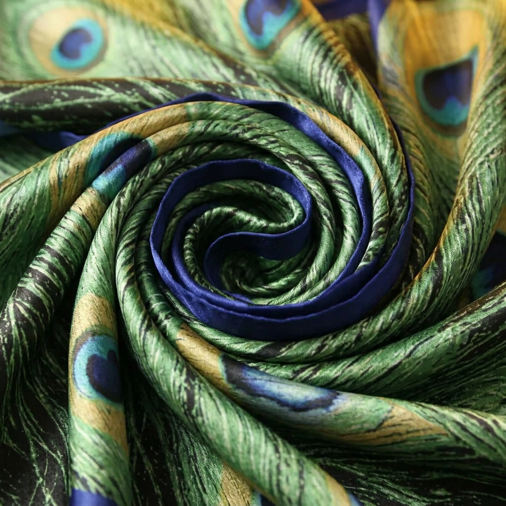 Close-up of the Livloko London peacock feather green satin scarf showing the print and satin sheen