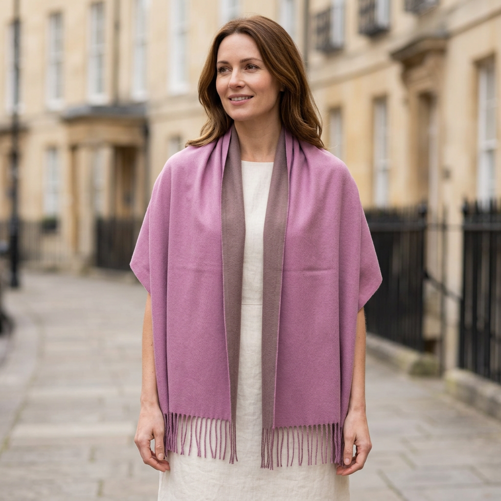 Woman wearing the pink and brown pashmina shawl over her shoulders on a London street