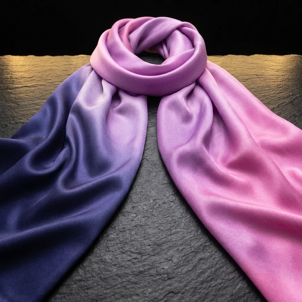 Pink and blue ombre satin scarf for women, fading from pink to navy, laid flat on dark slate