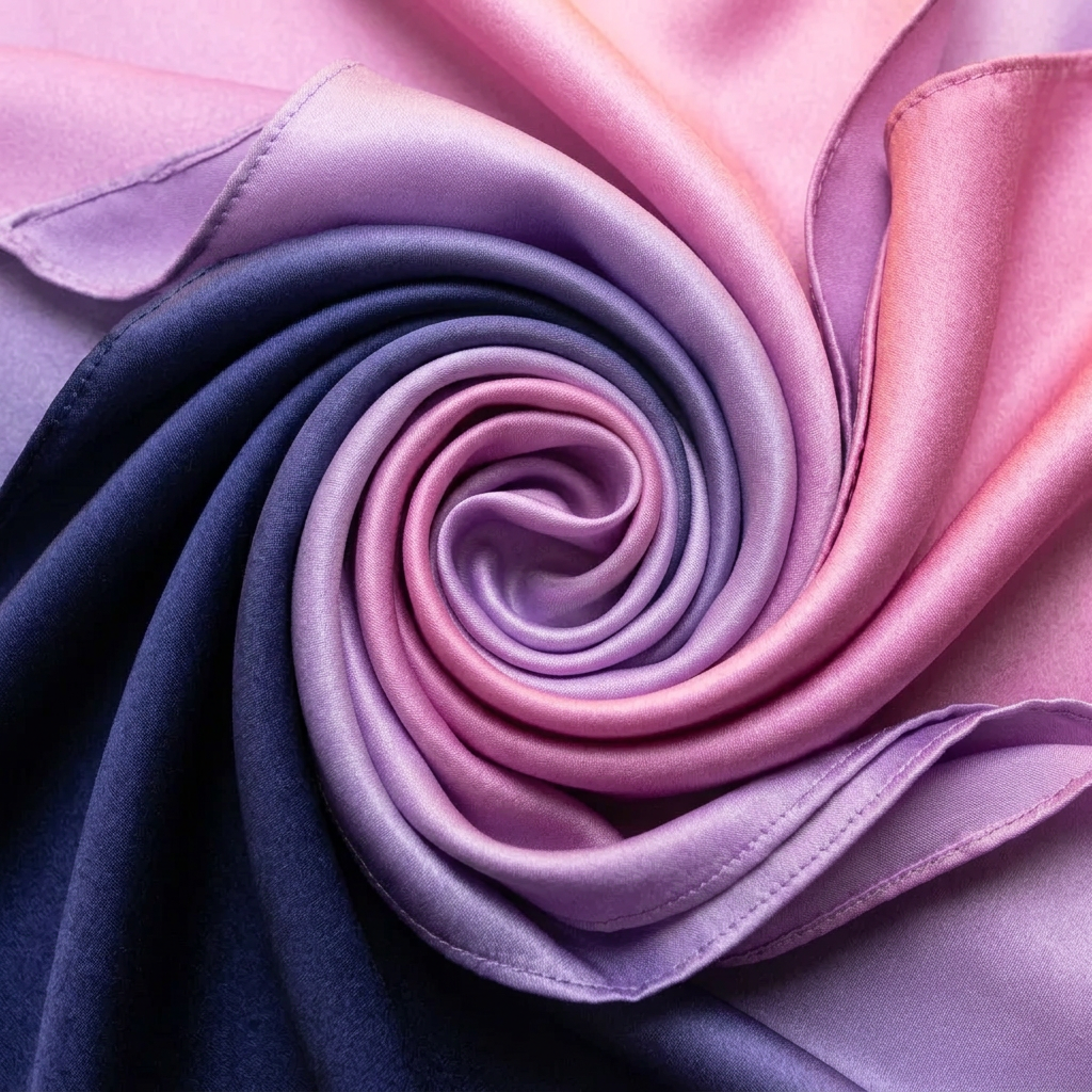 Close-up of the Livloko London pink and blue ombre satin scarf showing the satin sheen