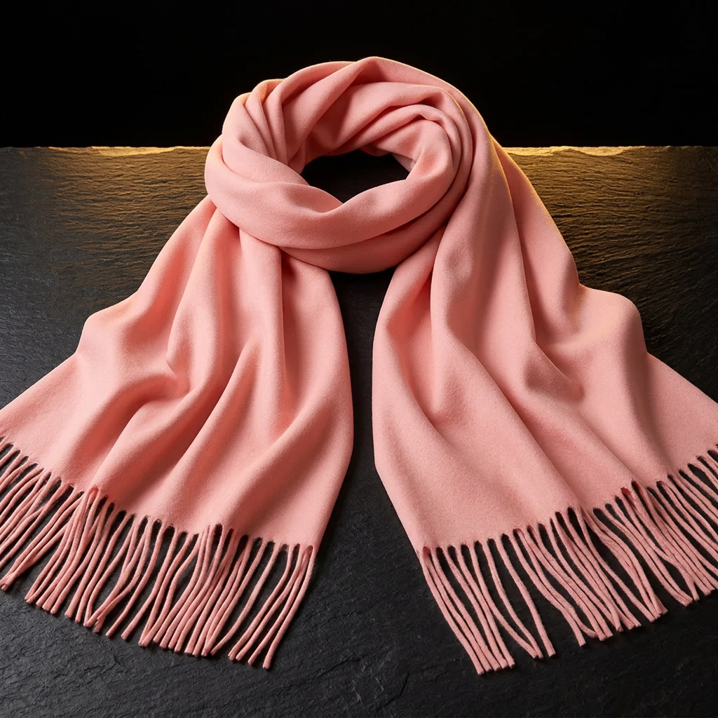 Pink pashmina shawl wrap for women with fringed ends, 200 x 80 cm, laid flat on dark slate