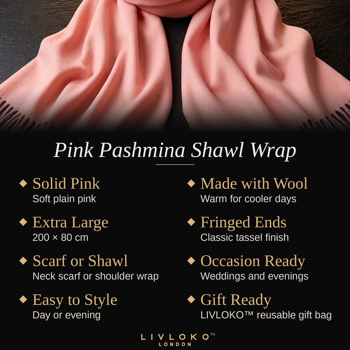 Key features of the Livloko London pink pashmina shawl wrap, 200 x 80 cm