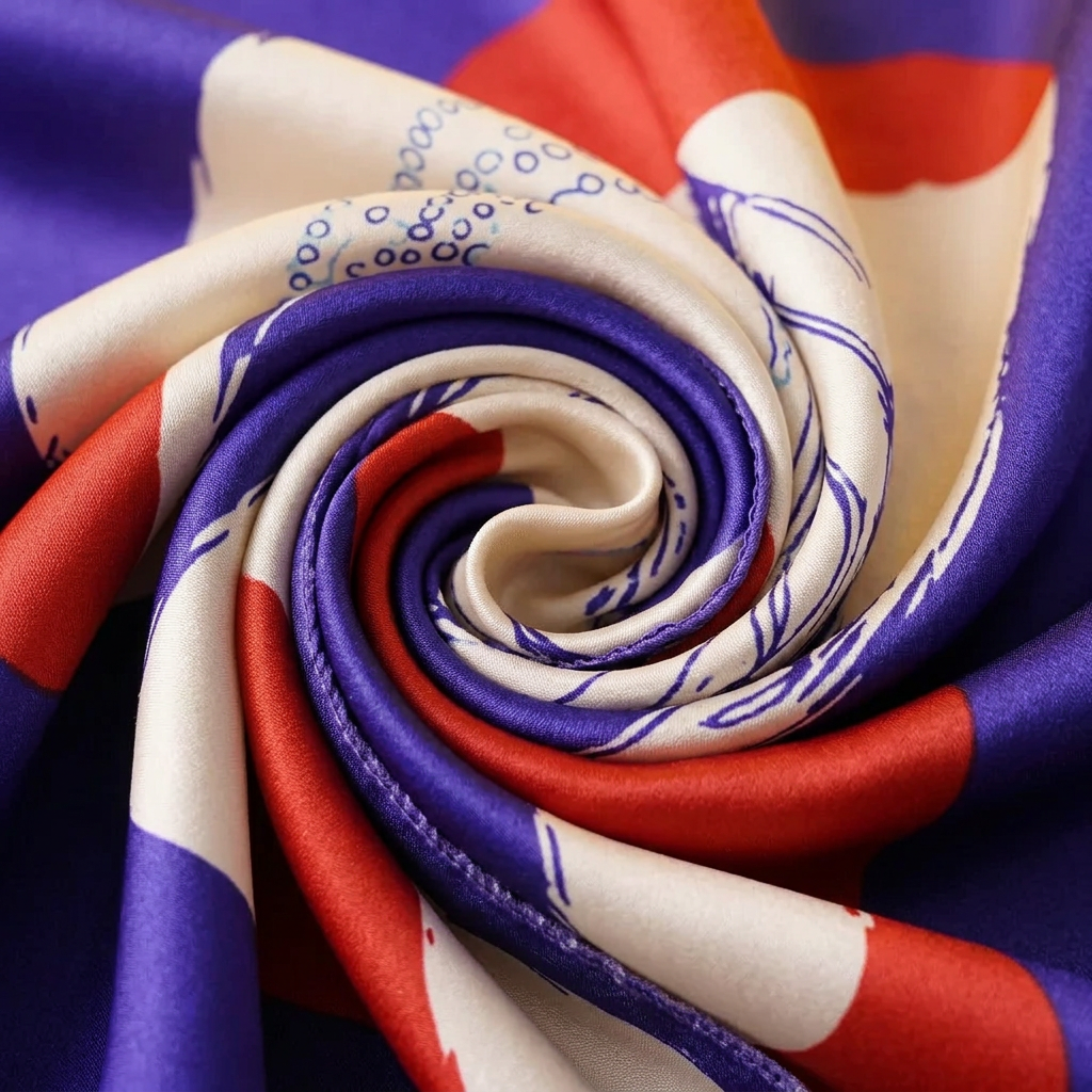 Close-up of the Livloko London portrait print silk square scarf in red and blue showing the silk sheen