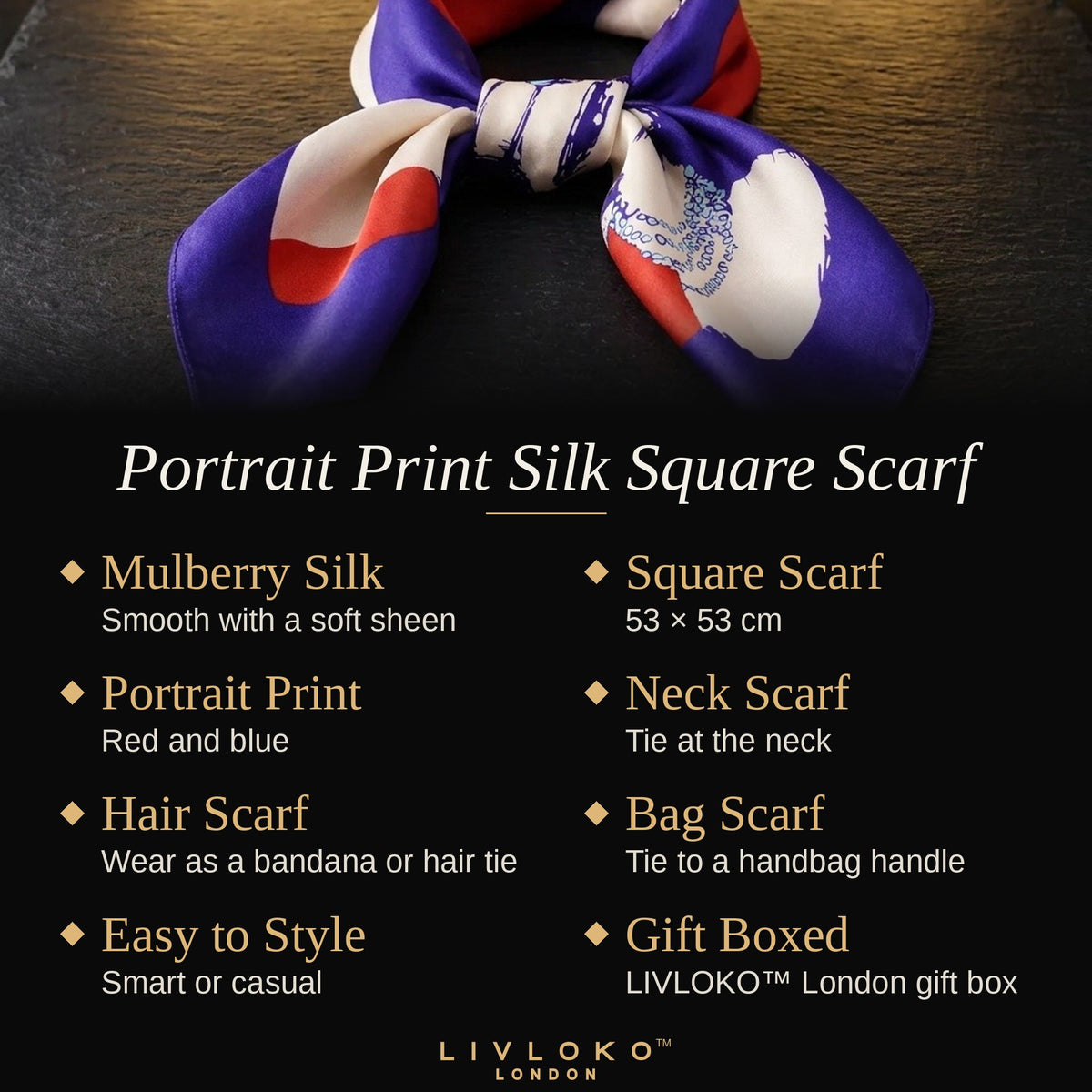 Key features of the Livloko London portrait print silk square scarf in red and blue, 53 x 53 cm