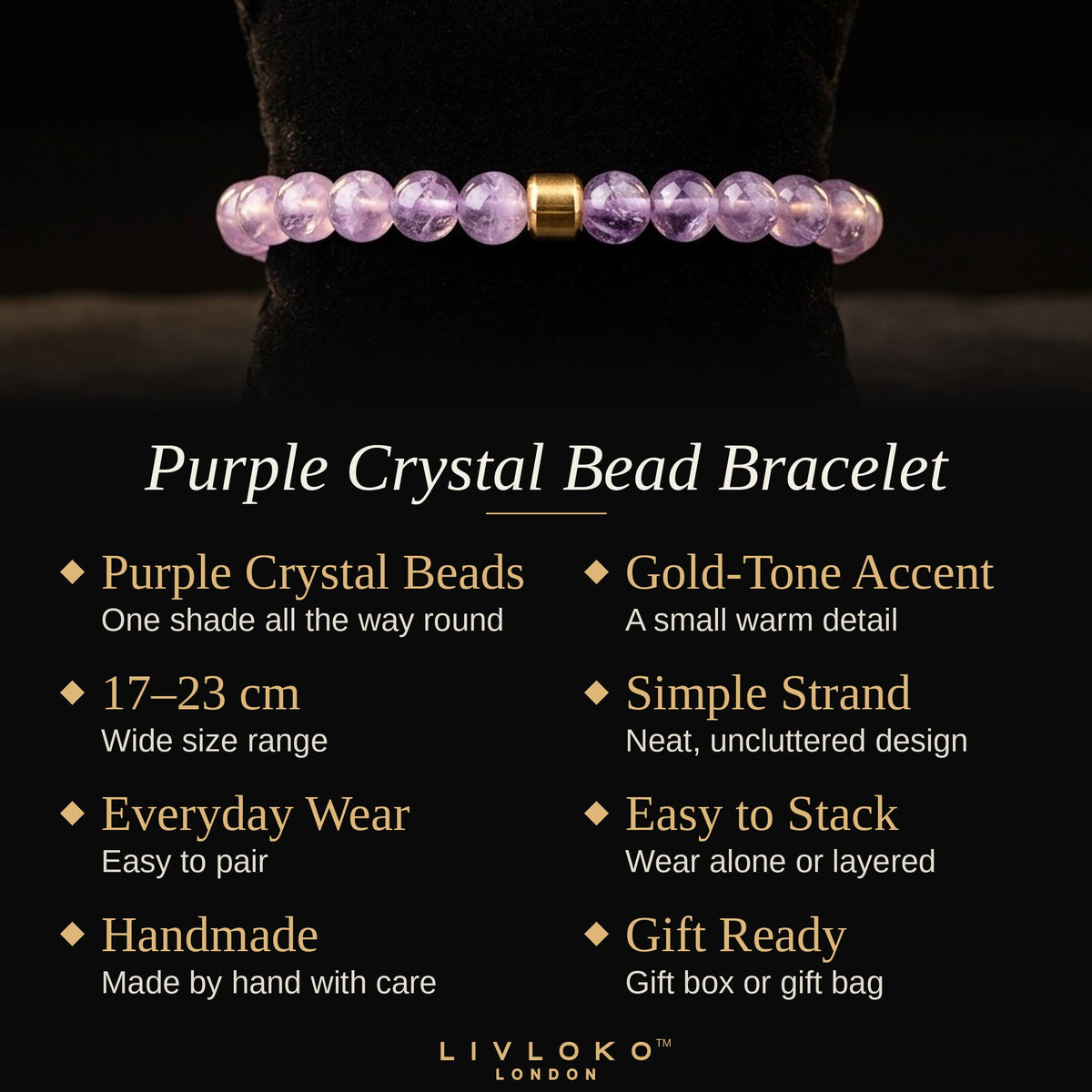 Key features of the Livloko London purple crystal bead bracelet: gold-tone accent, 17 to 23 cm size range, gift ready