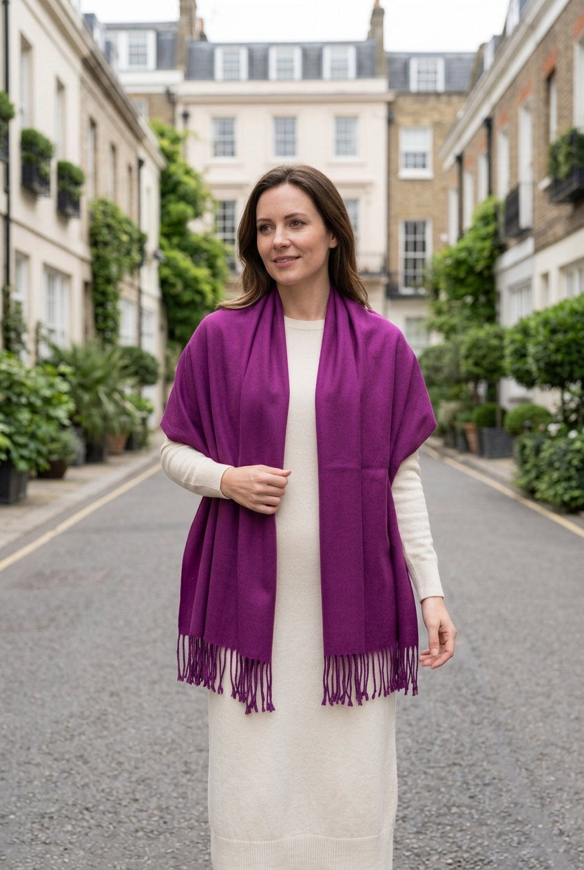 Woman wearing the LIVLOKO London regal plum pashmina scarf as a wrap in London