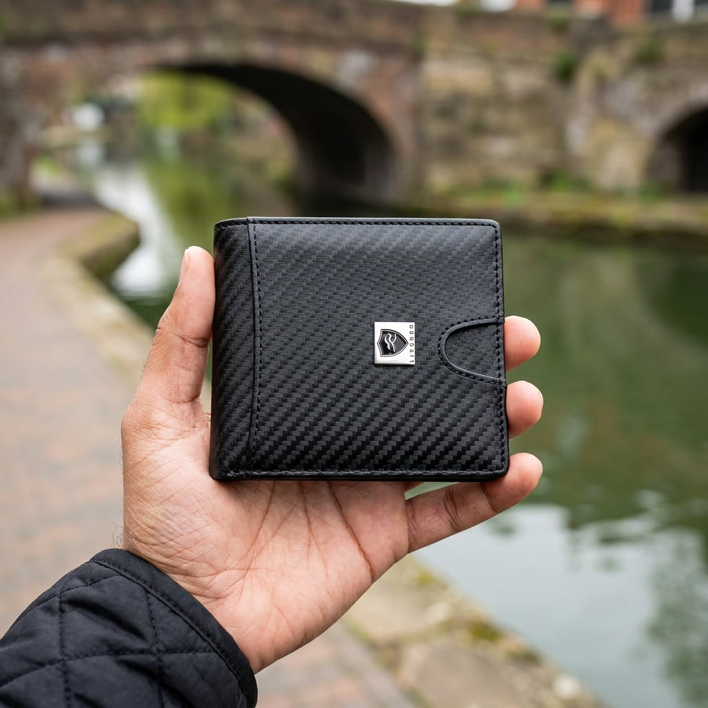 Man holding the LIVLOKO London black carbon fibre RFID card holder wallet with coin pocket, London canal