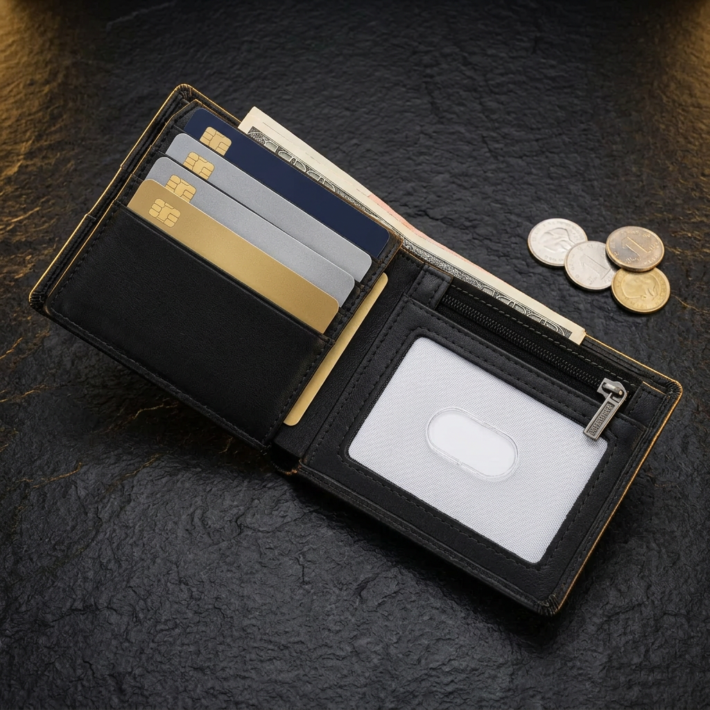 LIVLOKO London black carbon fibre RFID card holder wallet open in use with cards, banknotes and coins