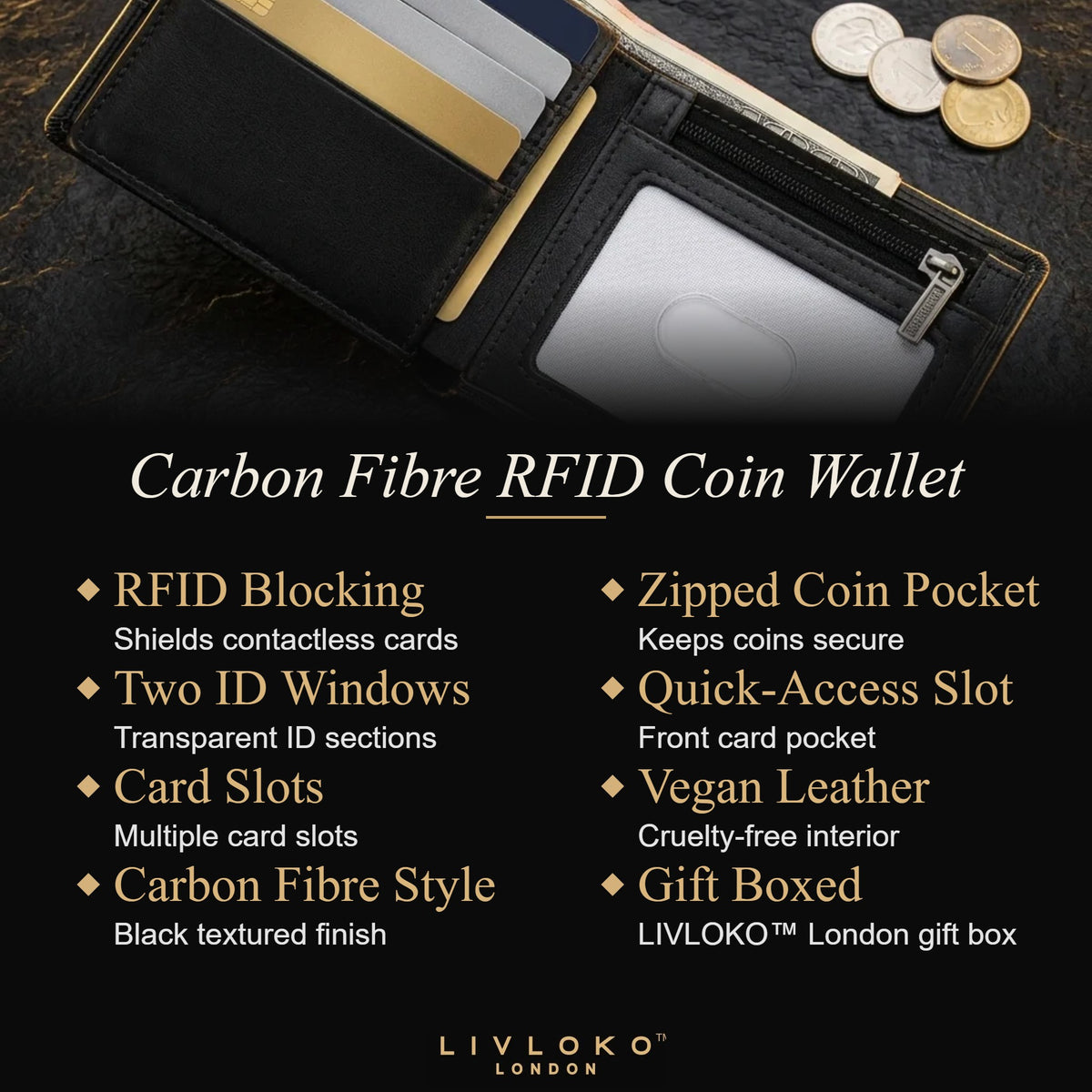Carbon Fibre RFID Coin Wallet key features