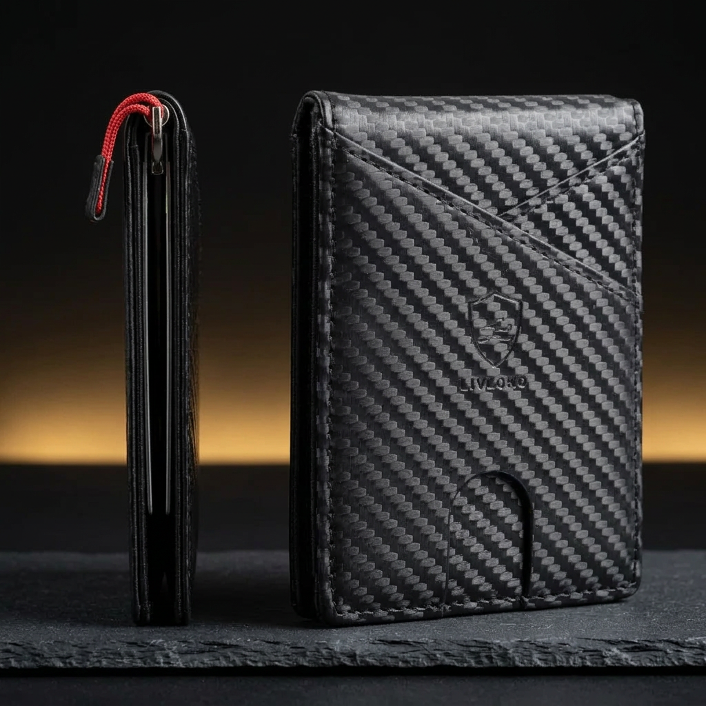 LIVLOKO London men's black RFID money clip wallet in carbon fibre style, shown from the front and side on dark slate