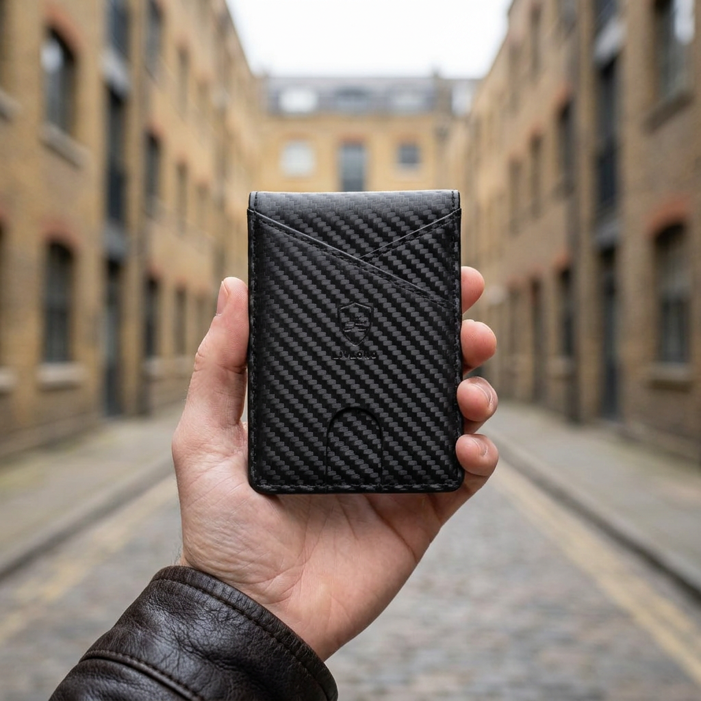Man holding the LIVLOKO London black RFID money clip card holder wallet, London street