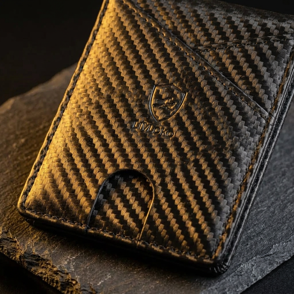 Close-up of the men's black RFID money clip wallet showing the carbon fibre style weave and embossed logo