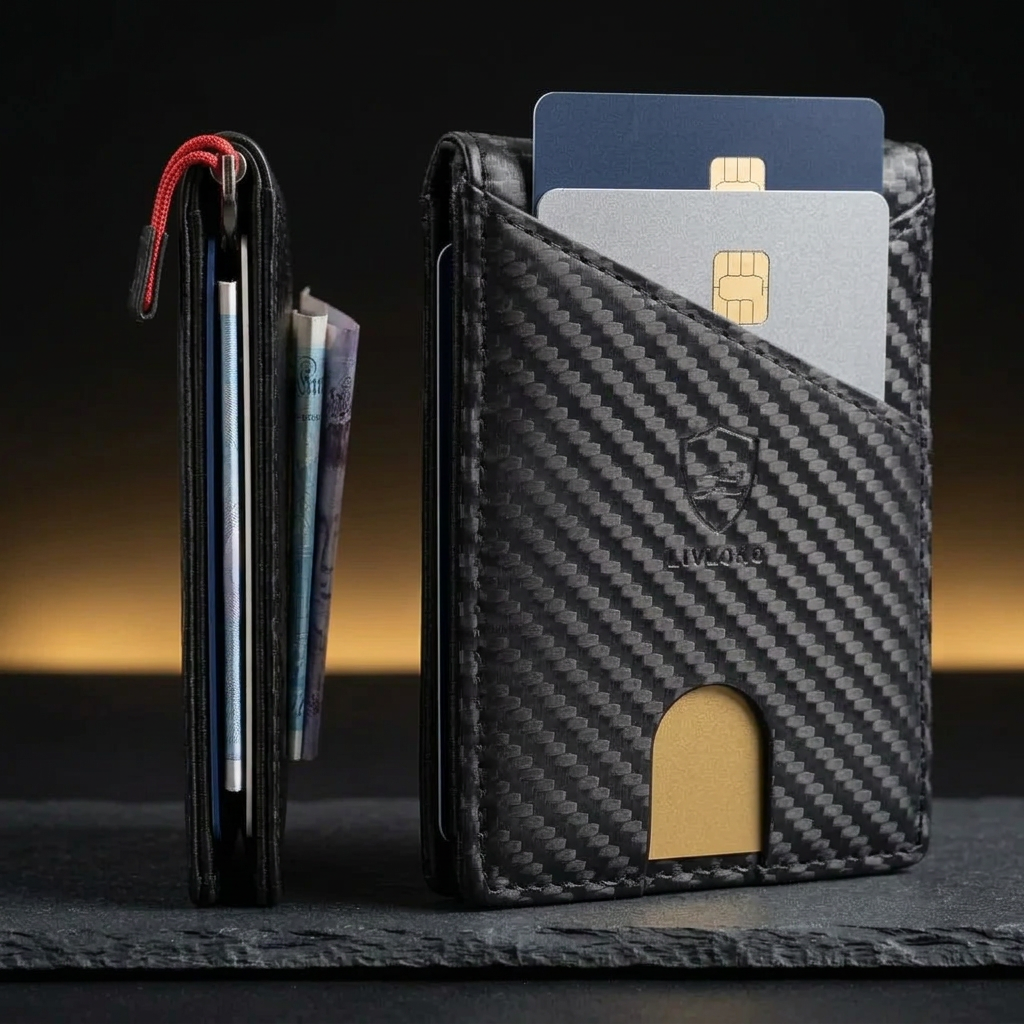LIVLOKO London black RFID money clip card holder wallet in use with cards and banknotes