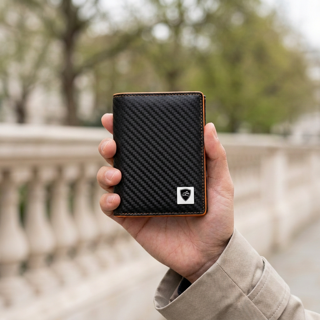 Man holding the LIVLOKO London black and orange RFID trifold wallet, London