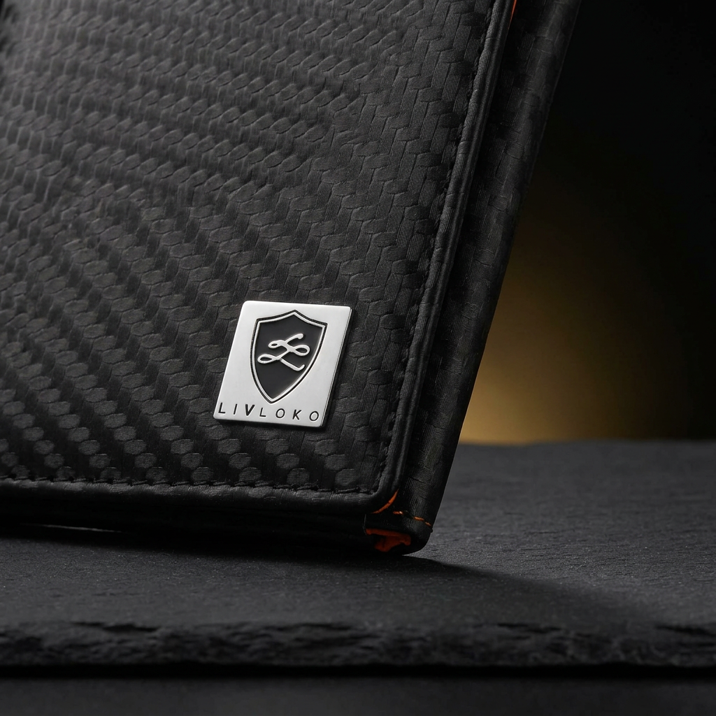 Close-up of the LIVLOKO London black and orange RFID trifold wallet showing the carbon fibre weave and metal logo badge