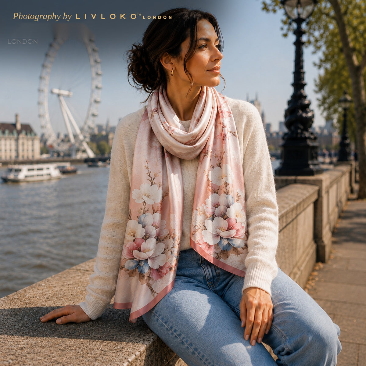 Woman wearing the Rose Garden pink floral mulberry silk scarf by the Thames in London
