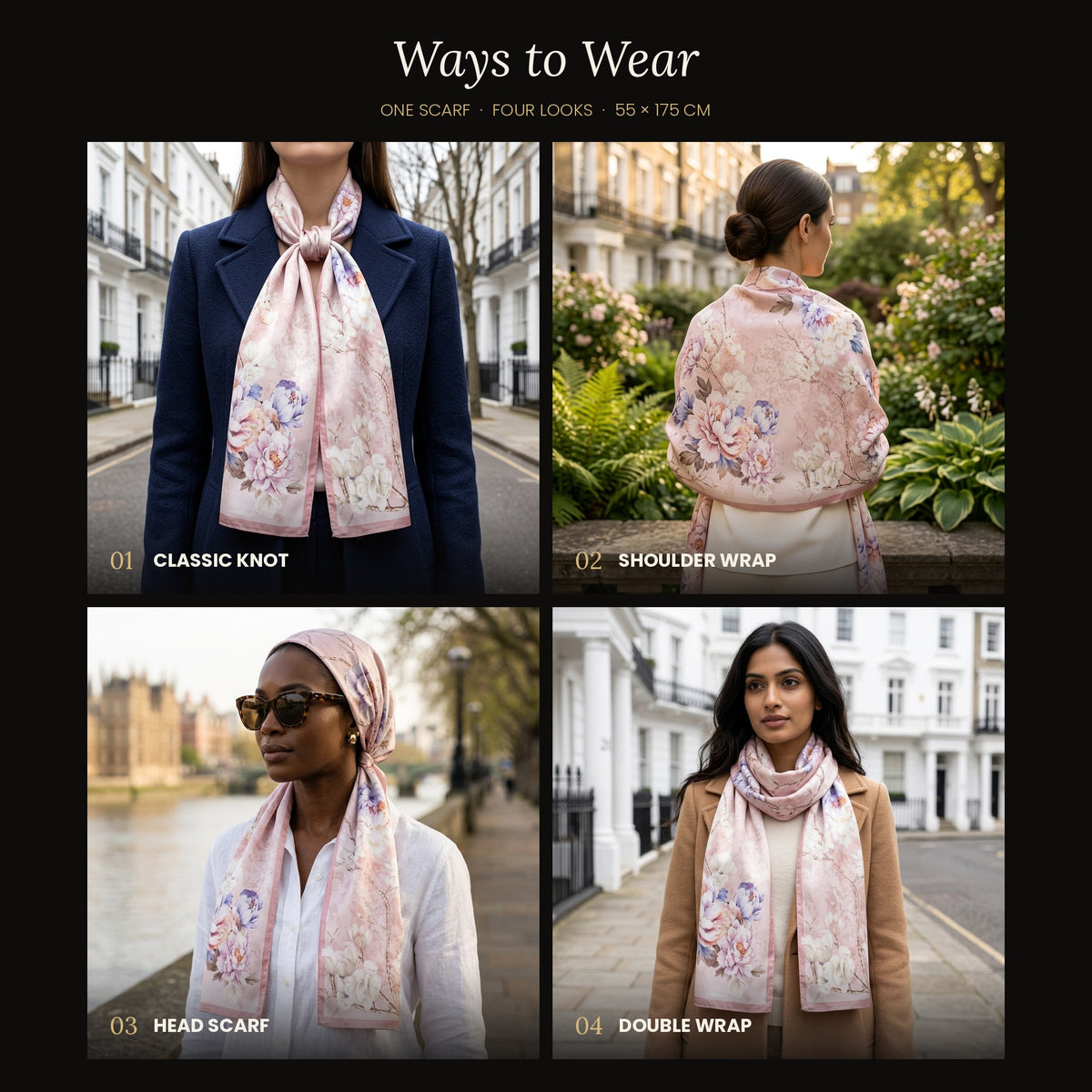 Four ways to wear the Rose Garden silk scarf: classic knot, shoulder wrap, head scarf and double wrap