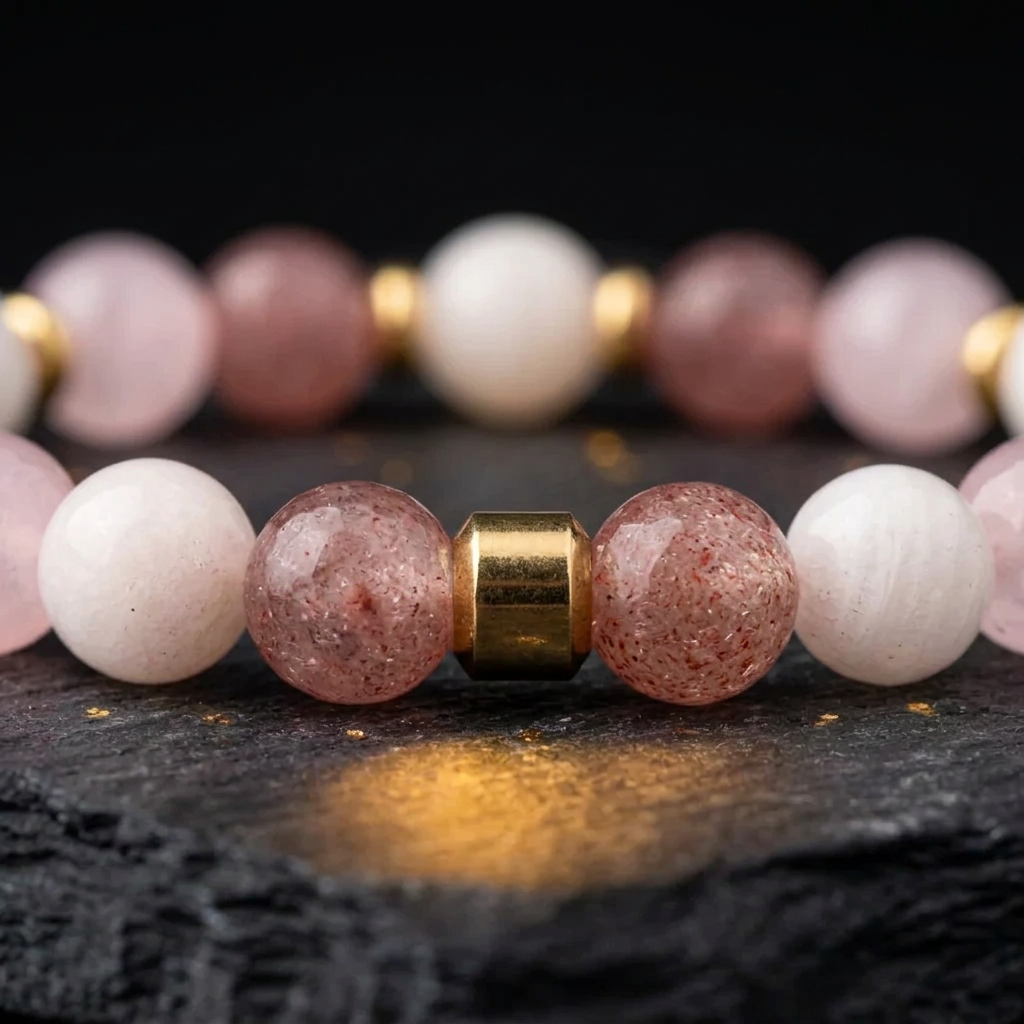 Close-up of the rose quartz, strawberry quartz and moonstone beads and the gold accent bead