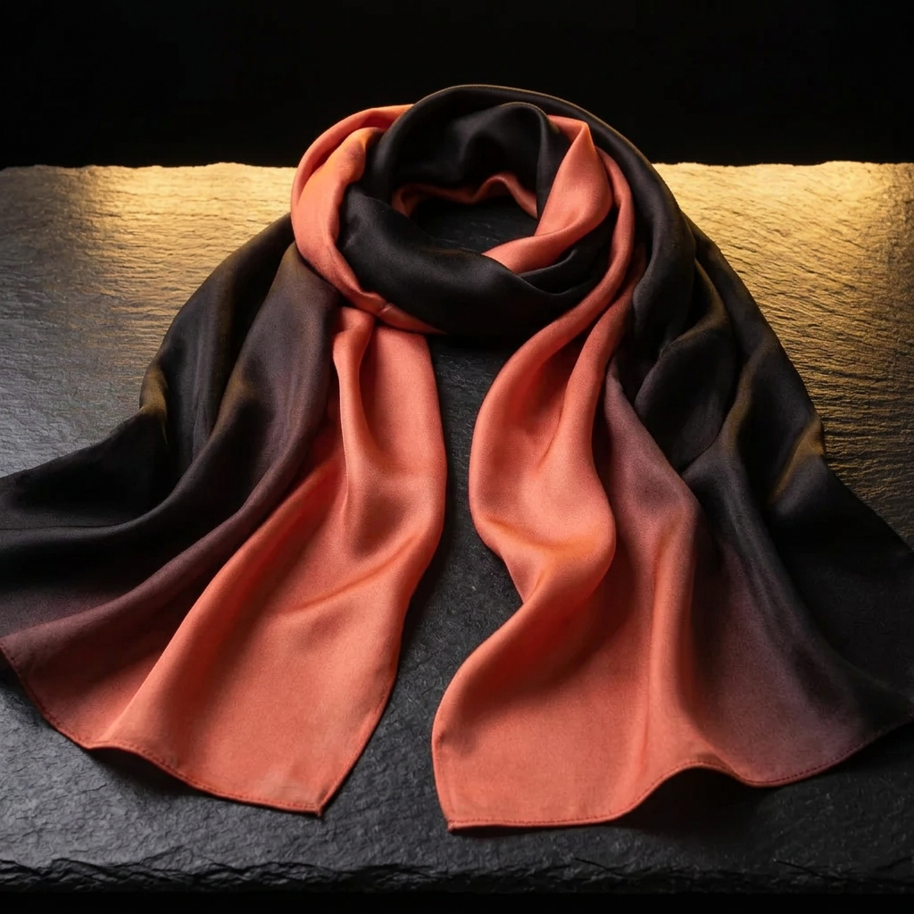 Salmon red and black gradient satin scarf for women, laid flat on dark slate