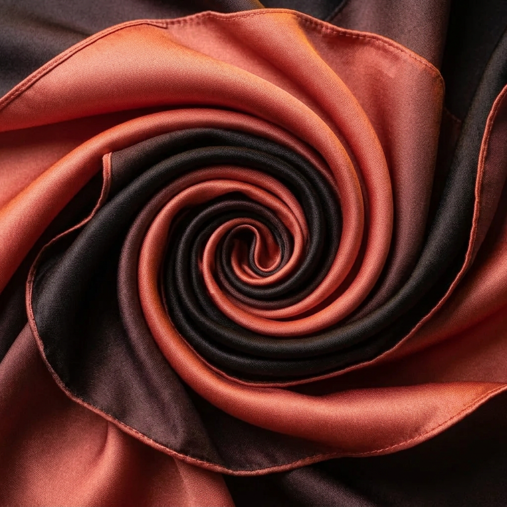 Close-up of the Livloko London salmon red and black satin scarf showing the satin sheen