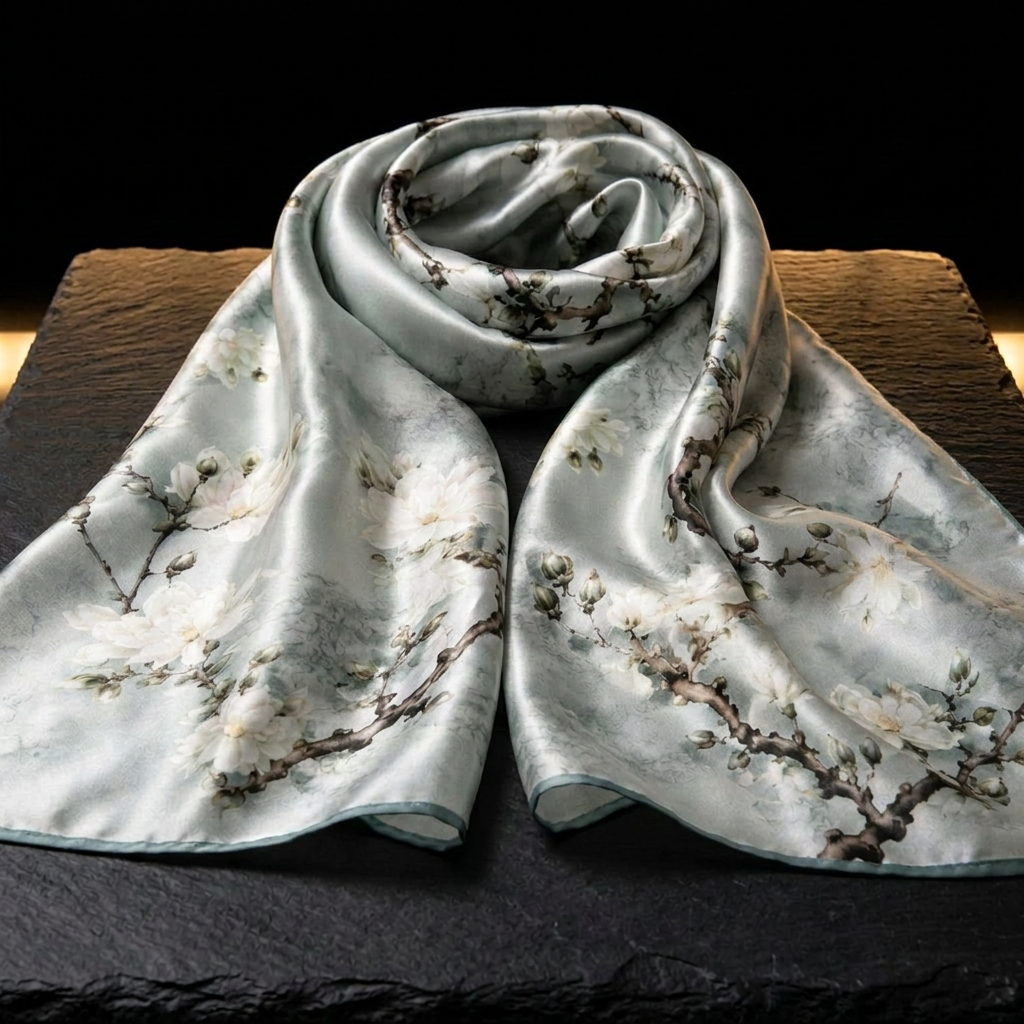 Sky Blossom grey and cream mulberry silk scarf with blossom print, laid flat on dark slate