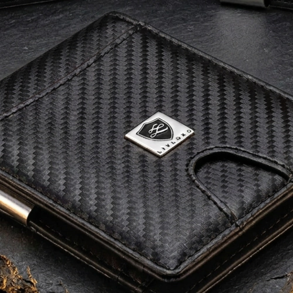 Close-up of the LIVLOKO London small billfold money clip wallet showing the LIVLOKO shield badge