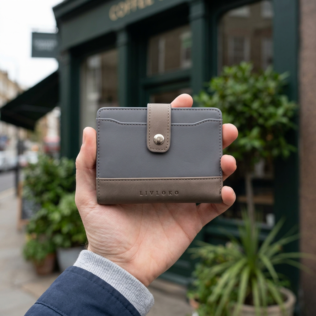 Man holding the LIVLOKO London small vegan leather RFID billfold wallet, London